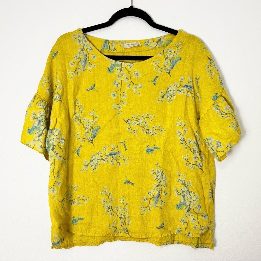 Bellambra Italy Yellow Linen Bird‎ Floral Print Flutter Sleeve Top Cottagecore S - Picture 2 of 7